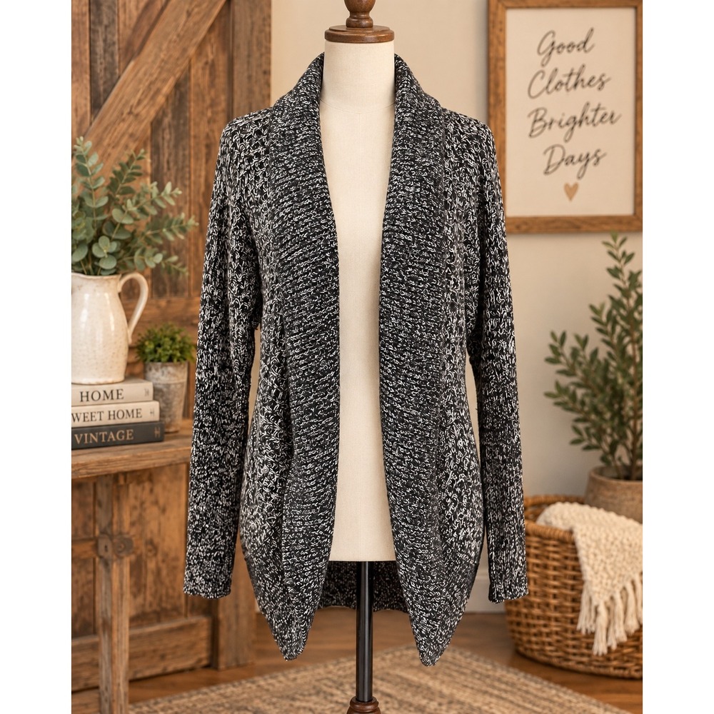Armani Exchange Womens Black White Marled Knit Shawl Collar Cardigan Sweater M